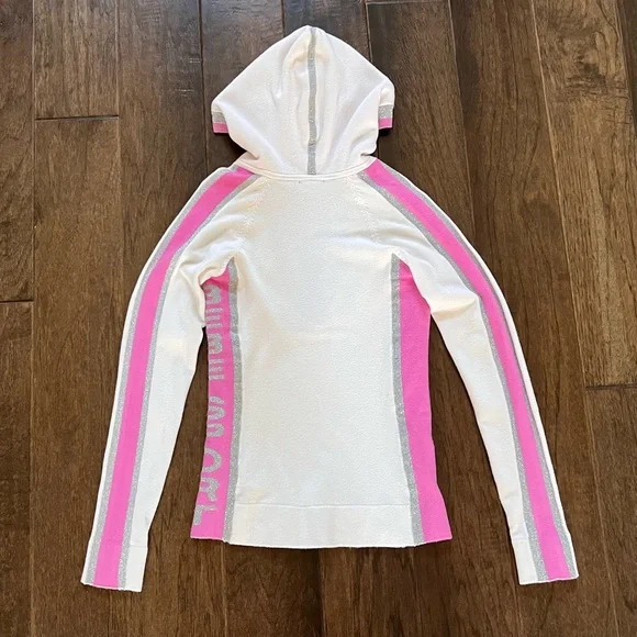 Bebe SPORT NWT White Pink Silver V-Neck Hoodie Long Sleeve Stretch Top Sz S - Picture 15 of 17